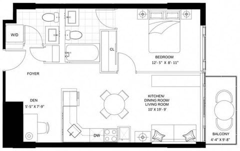 Floor plan for 1 bed, 1 bath, 573 sqft